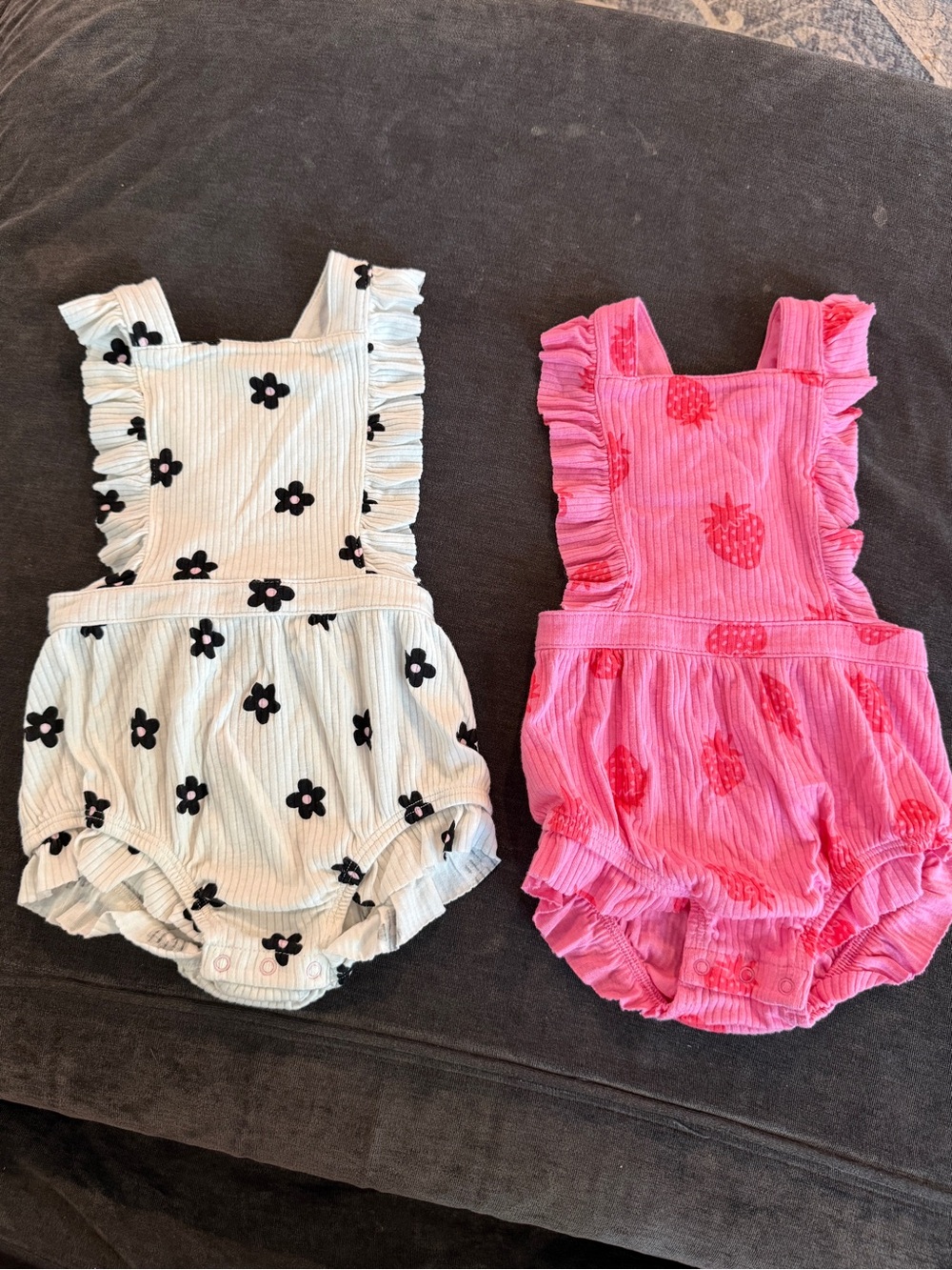 Cat & Jack White Floral and Pink Strawberry Ruffled Romper Bundle